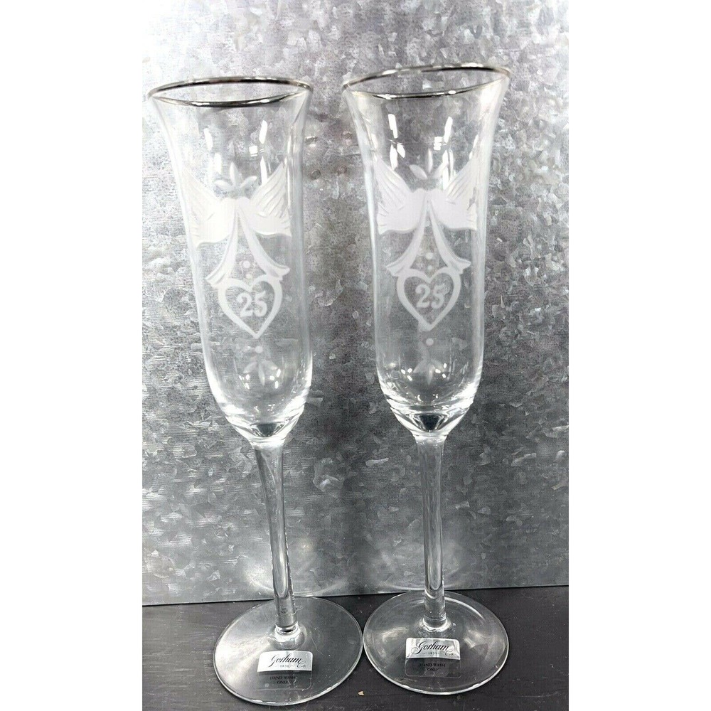Gorham Fine Crystal 25th Wedding Anniversary Platinum Trimmed Champagne Flutes